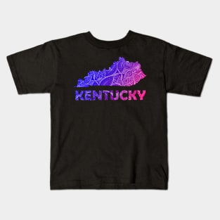 Colorful mandala art map of Kentucky with text in blue and violet Kids T-Shirt